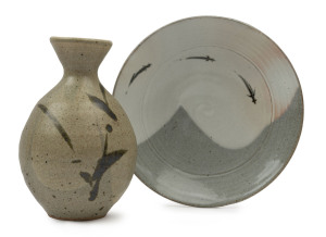 SHIGEO SHIGA pottery vase and dish, (2 items), incised signature and seal mark, the vase 15.5cm high