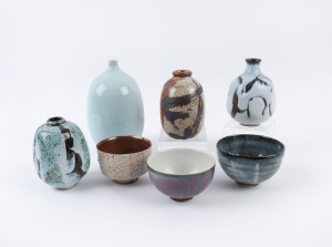 BARRY SINGLETON four Australian studio pottery vases and three pottery bowls, (7 items), "B.S." monogram, the largest 22cm high