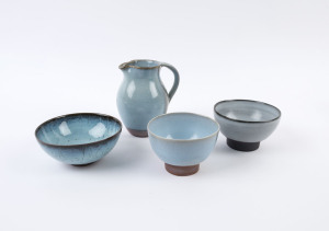STEVE HARRISON studio pottery jug and three assorted tea bowls, (4 items), the jug 15.5cm high