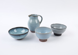 STEVE HARRISON studio pottery jug and three assorted tea bowls, (4 items), ​the jug 15.5cm high