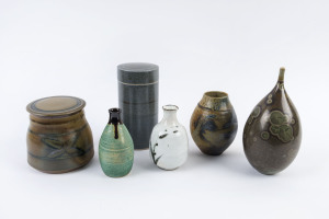 Four assorted Australian studio pottery vases and two lidded jars, the largest 25cm high