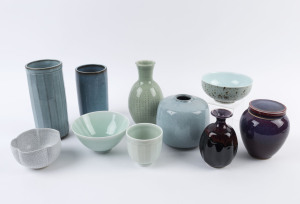 Ten assorted pieces of studio pottery with celadon, blue, sang de boeuf and crackle glazes, the largest 23cm high