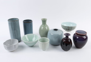 Ten assorted pieces of studio pottery with celadon, blue, sang de boeuf and crackle glazes, ​the largest 23cm high