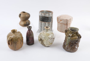 Five assorted studio pottery vases, a sake jug and a lidded pot, (7 items), the largest 20cm high