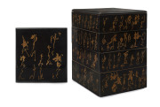 Japanese black lacquered sectional bento food box with gold calligraphy decoration, Meiji period, circa 1870's, ​31cm high