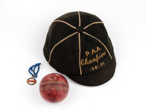 MELBOURNE CRICKET CLUB, membership badges for 1956-57, 1957-58, 1958-59, 1959-60 & 1960-61. Also antique cricket ball & cap embroidered on front "P.A.A. Champions 1901-02".