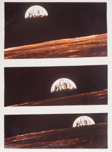 The Earth Setting, 1969 a series of three photographs taken from the surface of the Moon, printed together on a single sheet of Kodak photographic paper, overall 51 x 41cm.