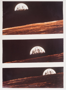 The Earth Setting, 1969 a series of three photographs taken from the surface of the Moon, printed together on a single sheet of Kodak photographic paper, ​overall 51 x 41cm.