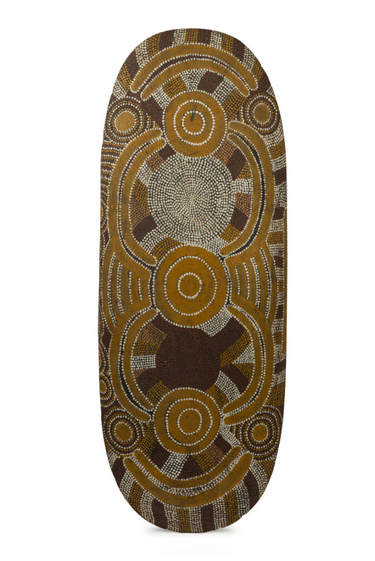 Aboriginal dot painting on wooden coolamon, 87cm high