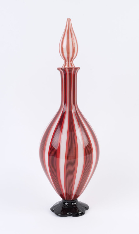 JULIO SANTOS Australian art glass decanter in red and white vertical stripes, circa 2000, engraved "J. Santos, 2000", ​33cm high