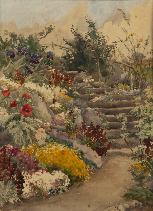 E. HORTON (Australia, active 1860s) (Up the garden path) watercolours on artist board, signed "E. Horton" lower right, 37 x27cm.