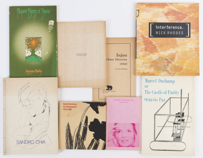 ARTIST BOOKS: A small group including "Injun & Other Histories (1960) by Claes Oldenburg [1966]; "Homage to Cavafy" by Duane Michals [1978]; "Towards A Reasonable End" by Lawrence Weiner; "Monchengladbach Journal" by Sandro Chia [1983]; "Pages from a Tr