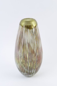 CHRIS BLADE tall green art glass vase with vertical inclusions, circa 2000, engraved "Chris Blade, 2000", 38cm high