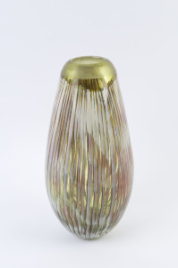 CHRIS BLADE tall green art glass vase with vertical inclusions, circa 2000, engraved "Chris Blade, 2000", ​38cm high