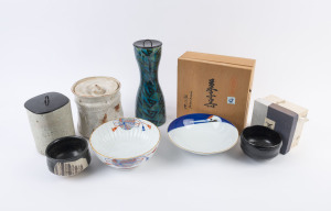 Japanese ceramic water jars and bowls, some boxed, (7 items), the largest 29cm high