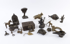 Eighteen assorted Indian bronze and metal artefacts, 19th and 20th century, the casket 13cm wide