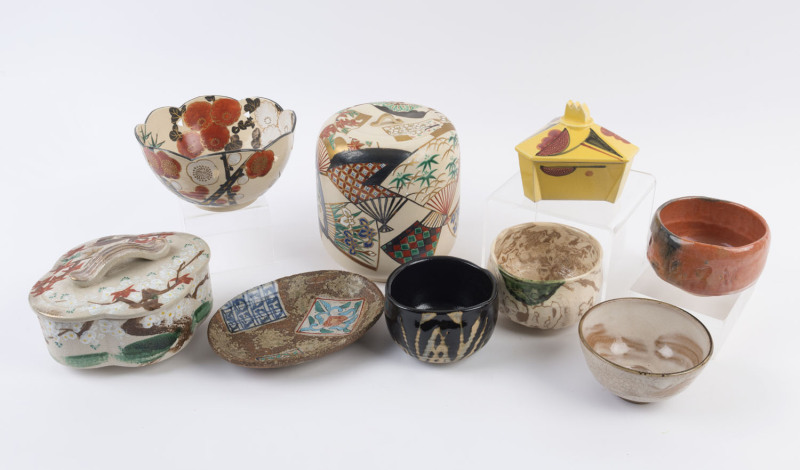 Three Japanese ceramic lidded vessels, and oval dish and five assorted bowls, (9 items), ​the largest 18cm high