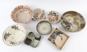 Eight assorted Japanese serving dishes and bowls, the largest 31.5cm diameter