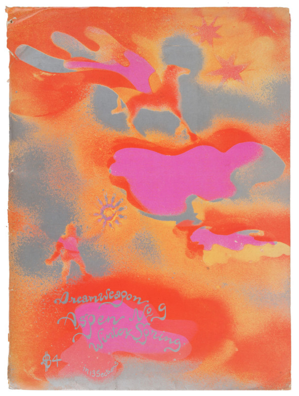 ANGUS & HETTY MacLISE, et al "Aspen No. 9: Dream Weapon (Winter/Spring)" [New York: Roaring Fork Press, 1970.] Folio. Neon orange, silver, and hot pink illustrated card folio with scalloped inner pockets; silver script lettering on cover. Contains the