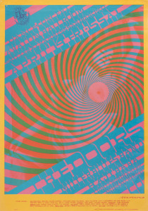 AVALON BALLROOM, SAN FRANCISCO "Doors/Miller Blues Band" "Swirly" Avalon Ballroom Concert Poster FD57.1 (Family Dog, 1967). 51 x 35cm (20 x 24") One of Victor Moscoso's most vibrant designs (and one of the most difficult to read, due to the "Psychedelic" lettering).