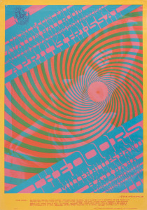 AVALON BALLROOM, SAN FRANCISCO "Doors/Miller Blues Band" "Swirly" Avalon Ballroom Concert Poster FD57.1 (Family Dog, 1967). ​51 x 35cm (20 x 24") One of Victor Moscoso's most vibrant designs (and one of the most difficult to read, due to the "Psychede