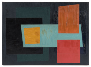 ARTIST UNKNOWN, abstract, circa 1960's, oil on canvas, gallery stock number verso "22.", 40.5 x 55.5cm. Accompanied by a 1966 Art Gallery of New South Wales exhibition catalogue "Balson, Crowley, Fizelle, Hinder" signed by Brian Finemore (Curator of Australian Art at the NGV) on the inside cover.