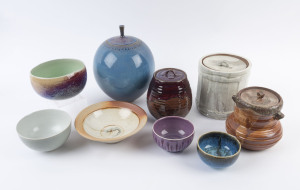 Four studio pottery lidded jars and five assorted bowls, (9 items), the largest 29cm high