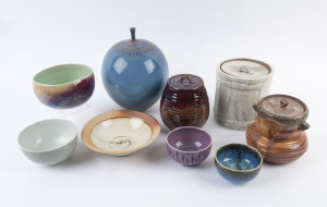 Four studio pottery lidded jars and five assorted bowls, (9 items), ​the largest 29cm high