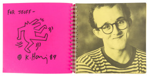 KEITH HARING (1958-1990) "Keith Haring" with an introduction by Robert Pincus-Witten, Published by Tony Shafrazi Gallery, 2nd edition, 1983. The catalogue of Haring's ground-breaking 1982 exhibition; endorsed "FOR JEOFF", signed and dated "K. Haring 84" with a felt-tip pen drawing of his iconic "Dancing Dog".