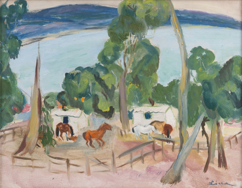 LINA BRYANS (Australia, France, 1909-2001) "The Riding School, Lorne" oil on board, signed "Lina" lower right, titled, signed and dated verso "The Riding School, Lorne, Lina Bryan, 1943"