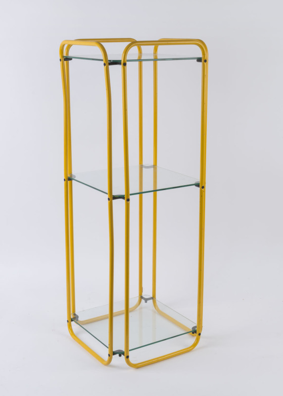A three tier wotnot, yellow and black metal with glass tops, circa 1970s, 88cm high, 33cm wide, 33cm deep