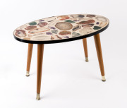 An oval coffee table with mineral specimen top, circa 1950s, 41cm high, 63cm wide, 36cm deep