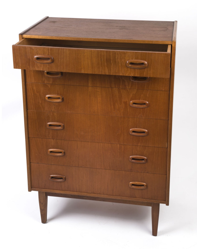 PARKER six drawer tallboy, teak, circa 1960s, 114cm high, 77cm wide, 46cm deep