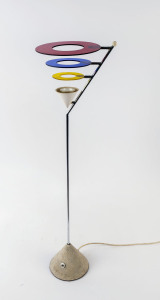 A vintage lamp, ceramic base, chrome upright with coloured glass hoop reflectors, most likely Italian, late 20th century, 92cm high