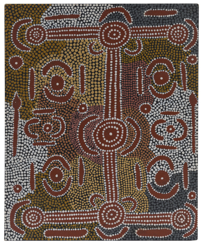 MAUDIE PETERSEN NGURRAYI (1937 - ), Warlpri tribe, Women's Ceremony, Napperby Station, acrylic on canvas board, artist's details and story notated verso, No. MP840743, 38 x 31cm