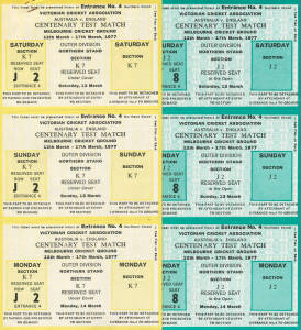 1977 CENTENARY TEST: Scarce strips of 5 Reserved Seat tickets, one for each day of the Centenary Test, Australia v England at MCG, on 12th-17th March. Green tickets, for "Reserved Seat, In the Open" & yellow tickets, for "Reserved Seat, Under Cover".