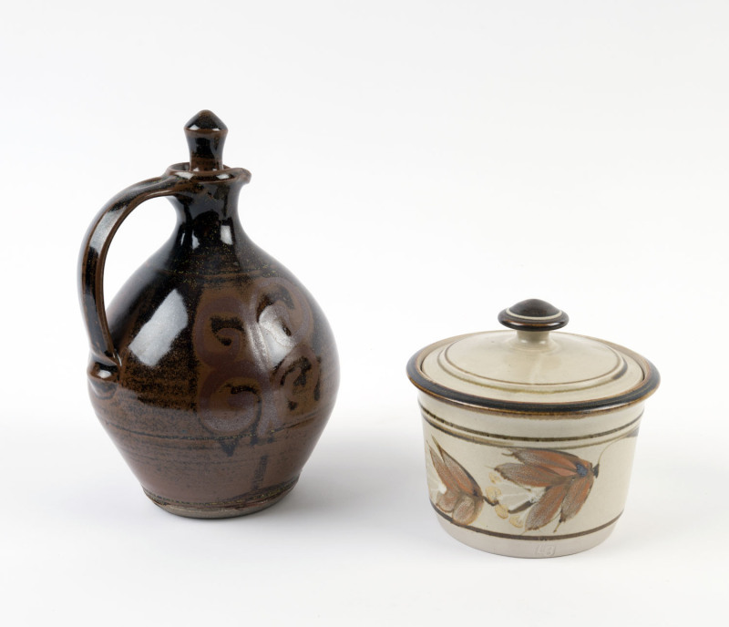 LES BLAKEBROUGH studio pottery lidded jar and decanter with stopper, (2 items), both stamped "L.B.", the decanter with additional Sturt Pottery seal stamp, 13cm and 24cm high PROVENANCE: Decanter from the KENNETH HOOD Collection.