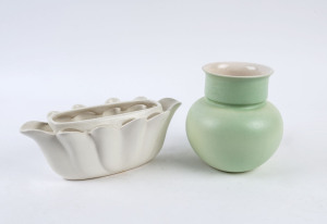 RATHJEN green glazed pottery vase together with a cream glazed segmented vase, circa 1950s, (2 items), incised "Rathjen", 20cm and 12.5cm high