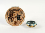 MARTIN BOYD pottery plate with Aboriginal motif, together with an ashtray, (2 items), incised "Martin Boyd", ​the plate18.5cm diameter
