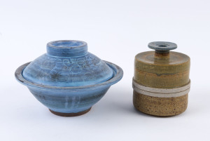GUS McLAREN blue glazed pottery lidded bowl and cylindrical pottery lidded jar, (2 items), both signed "Gus Mclaren", ​the larger 14cm high, 21cm diameter