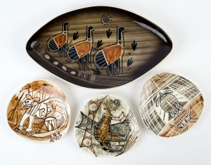 STUDIO ANNA serving platter and three triangular form dishes all with Aboriginal motifs, (4 items), the platter 37cm wide