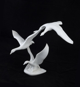 KAISER German vintage porcelain "Flying Geese" figure group by G. Bochmann, circa 1960's blue factory stamp "Kaiser, W. Germany", ​26cm high