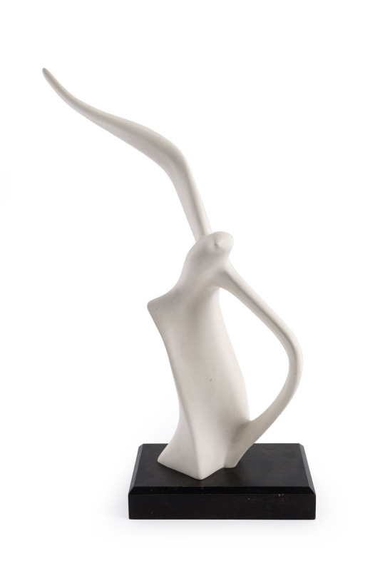 ARTIST UNKNOWN white porcelain "Gull" statue mounted on wooden plinth circa 1950's, plinth stamped in Roman numerals "XIII", 41cm high overall