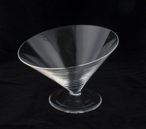 CENEDESE asymmetric circular clear glass bowl on base, engraved "Giovani Cenedese" with original label "Cenedese & Albarelli Murano-VE Italia", 20cm high, 25cm diameter