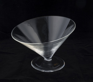 CENEDESE asymmetric circular clear glass bowl on base, engraved "Giovani Cenedese" with original label "Cenedese & Albarelli Murano-VE Italia", ​20cm high, 25cm diameter