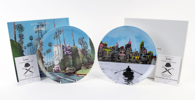 ROYAL DOULTON "The Morning after Beverly Hills" and "The Morning After New York" collector's plates, (2 items), in original boxes with certificates, limited editions numbered 364/2000 and 369/2000, ​28cm diameter