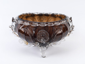 Murano glass fruit bowl of ovoid form, brown glass with applied clear glass floral decoration and legs, circa 1930's, 18cm high, 35cm wide