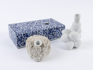 MOOOI Royal Delft Egg vase, Coral vase and Deft ware box vase designed by MARCEL WANDERS, (3 items), assorted factory marks, the egg vase 14cm high