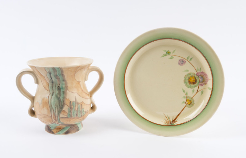 CLARICE CLIFF Newport Pottery plate and a Bizarre Ware two handled vase, circa 1930's, (2 items), factory marks to base, ​the vase 16.5cm high, the plate 25cm diameter