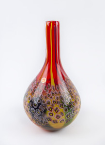 Murano tall red glass vase with Murrine decoration, circa 1990's, original label "Made In Murano Italy", 37cm high